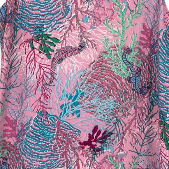 Pappagallo Womens L Sleeveless Tunic Tank Top VNeck Pink Sea Coral Seahorse Reef - Picture 4 of 11